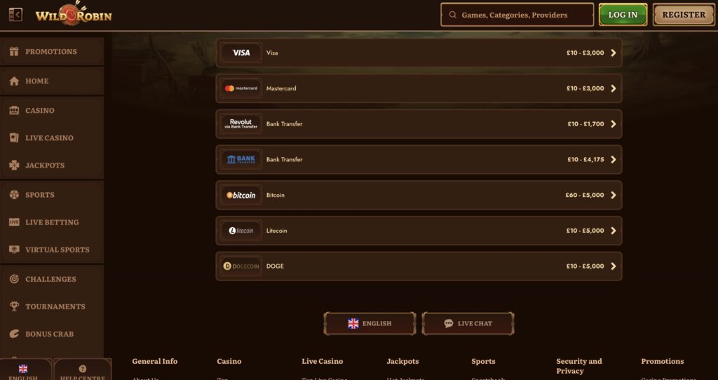 Wild Robin Banking Options