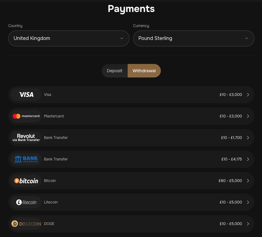 Mr Punter withdrawal options