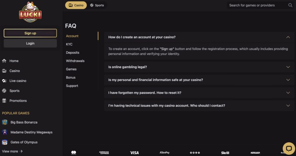 Lucki Casino support page