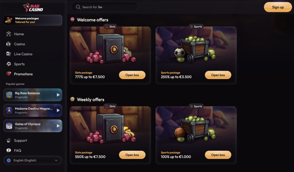 Mad Casino welcome bonus package 