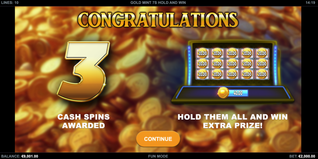 Gold Mint 7s Hold & Win bonus round