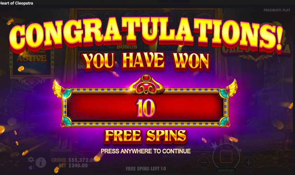 Heart of Cleopatra free spins feature