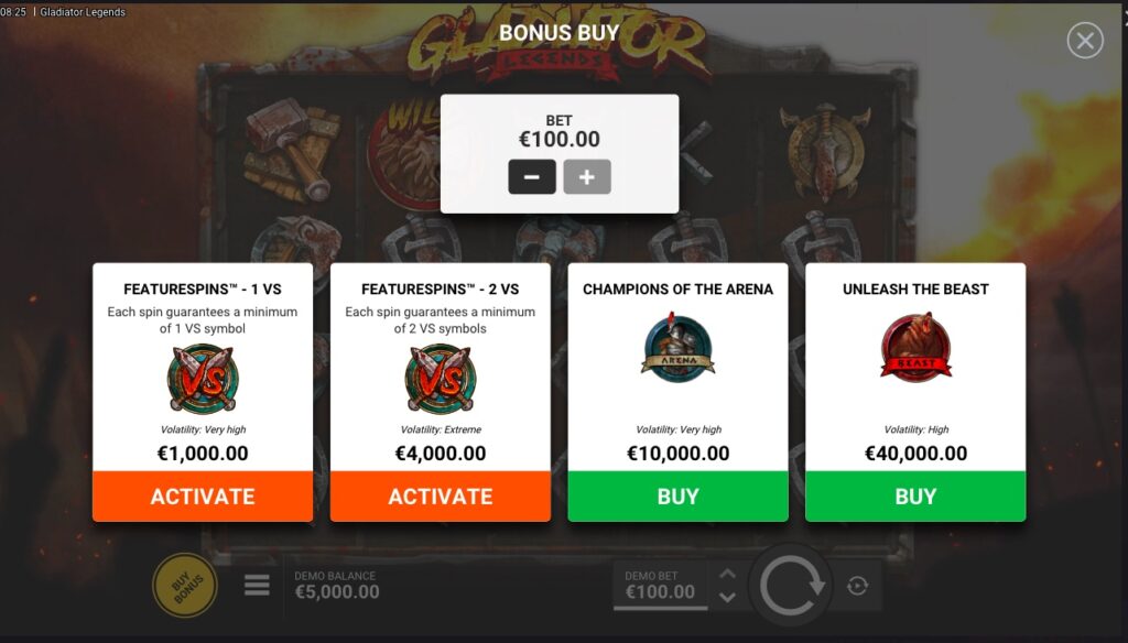 Gladiator Legends buy feature options