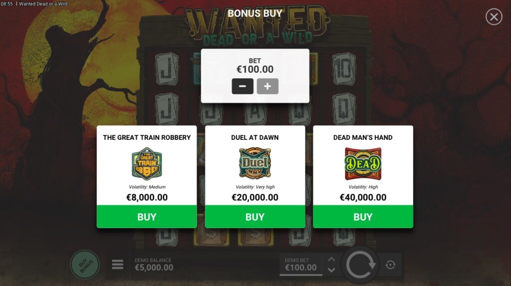 Wanted Dead or a Wild bonus buy feature options