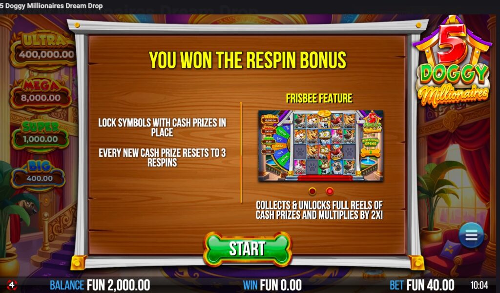 5 Doggy Millionaires Dream Drop respin bonus feature