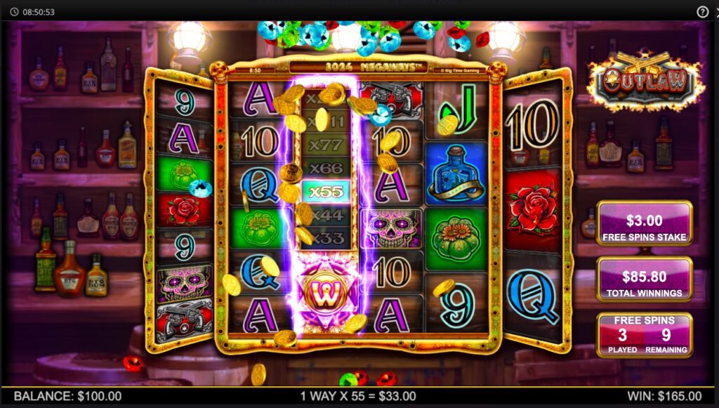 Outlaw free spins feature gameplay