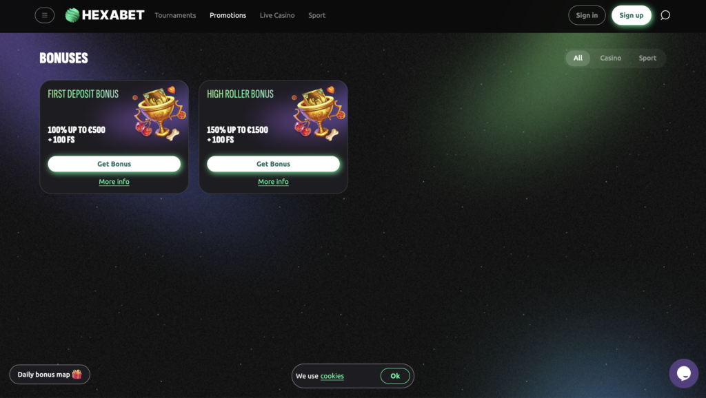 Hexabet bonuses.