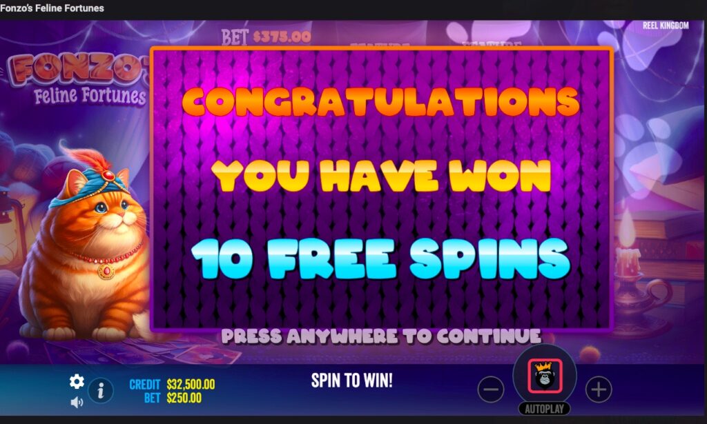 Fonzo’s Feline Fortunes free spins bonus feature