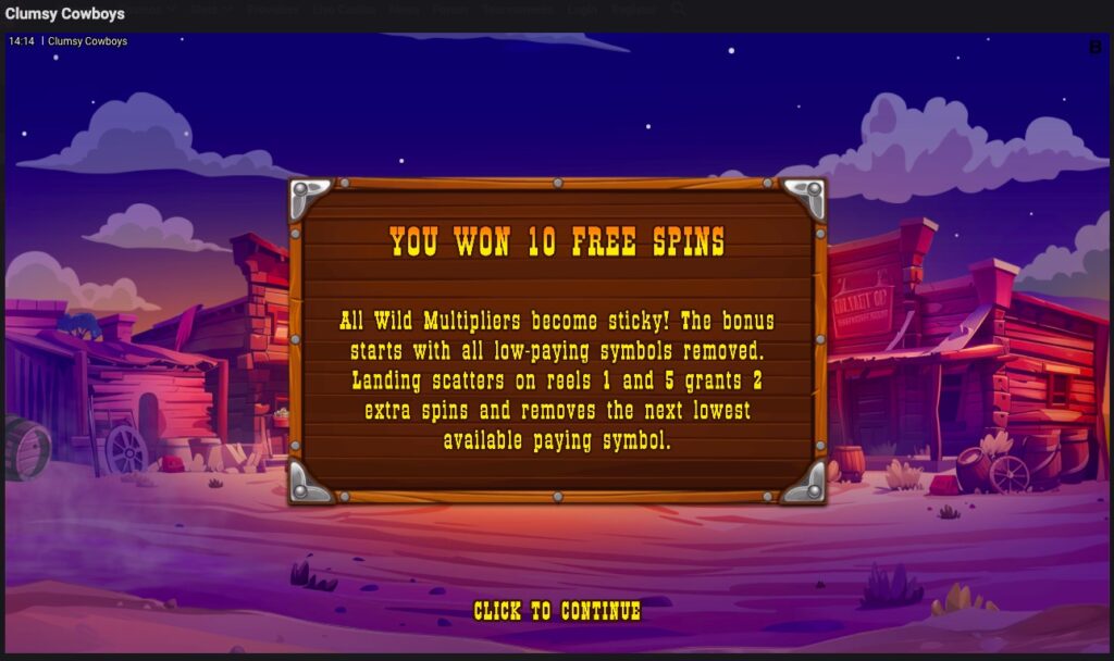Clumsy Cowboys free spins gameplay