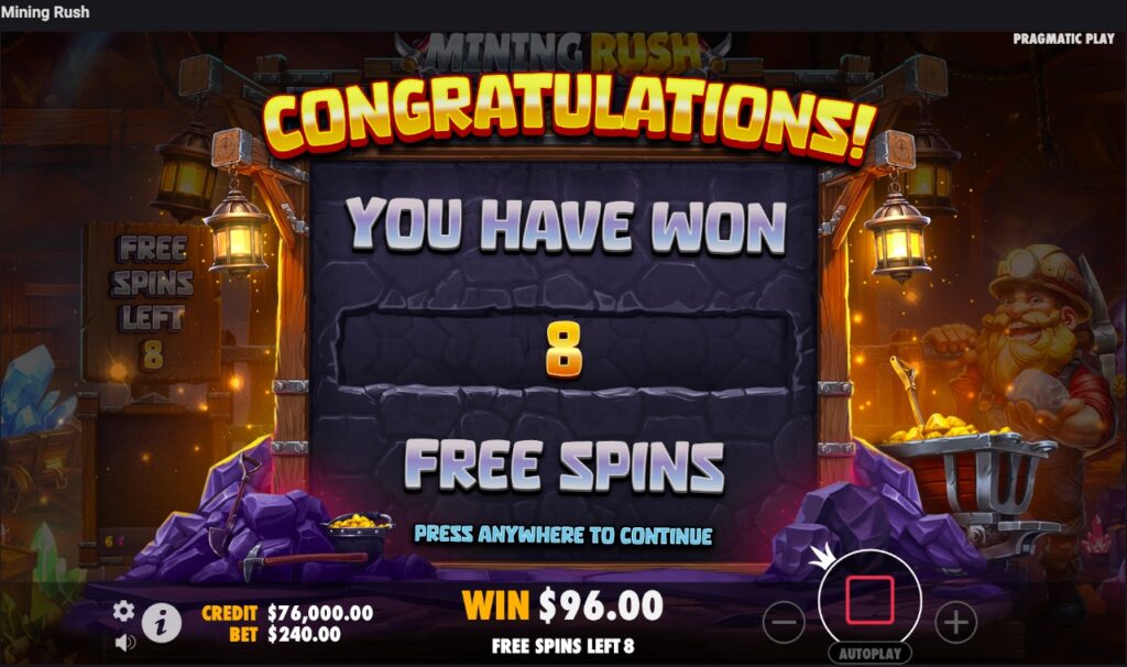 Mining Rush free spins slot feature