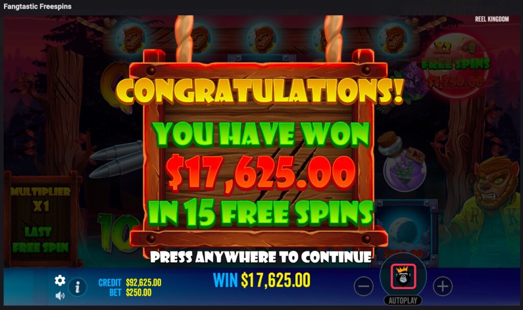 Fangtastic Freespins huge slot win