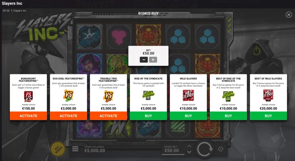 Slayers Inc feature buy options