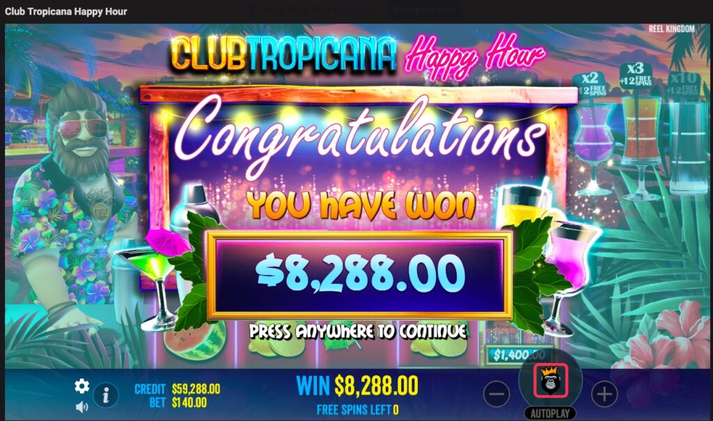 Club Tropicana Happy Hour total win