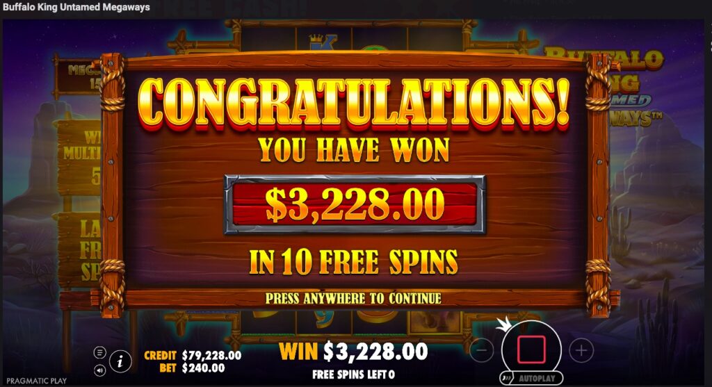 Buffalo King Untamed Megaways total win from free spins