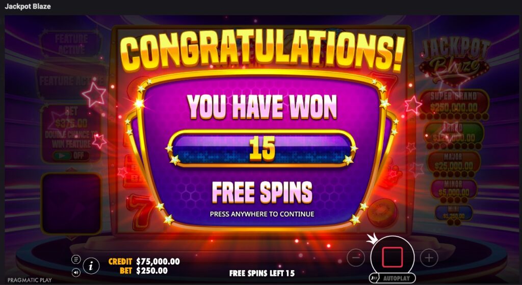 Jackpot Blaze free spins won