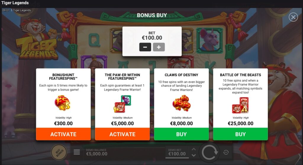 Tiger Legends buy feature options