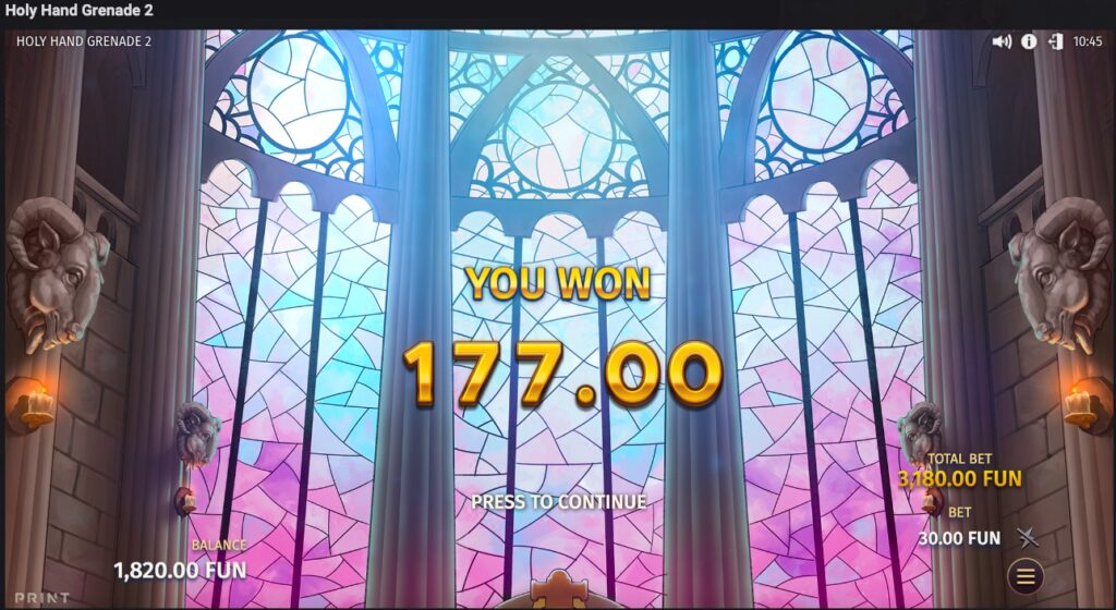 Holy Hand Grenade 2 total winnings from free spins