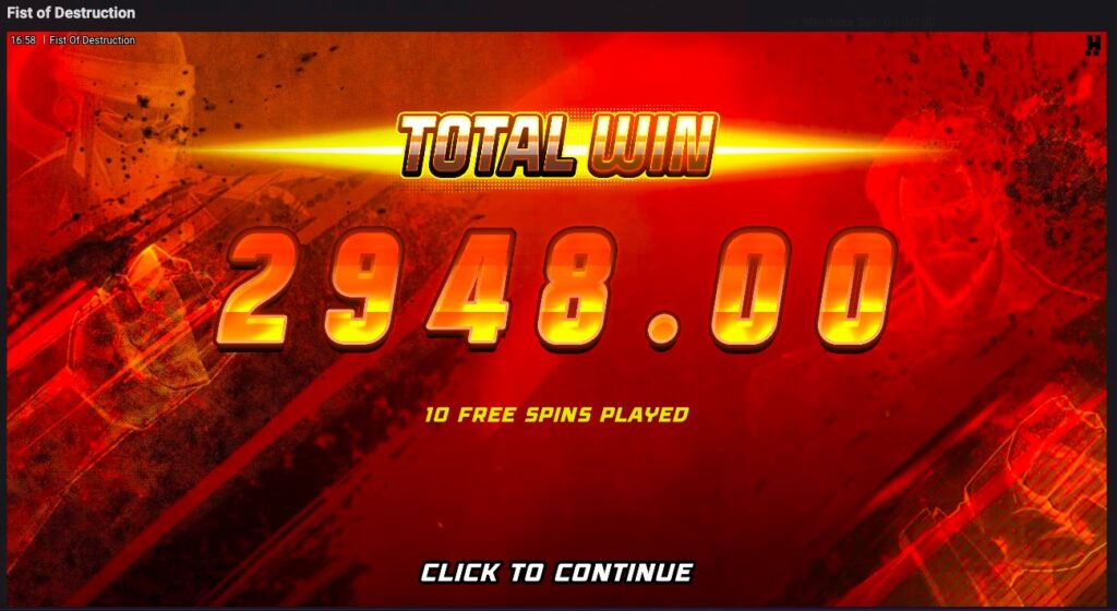 Fist of Destruction total winnings from free spins
