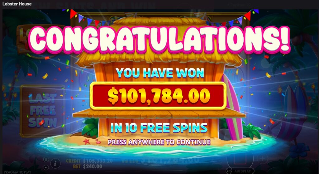 Lobster House total winnings from free spins