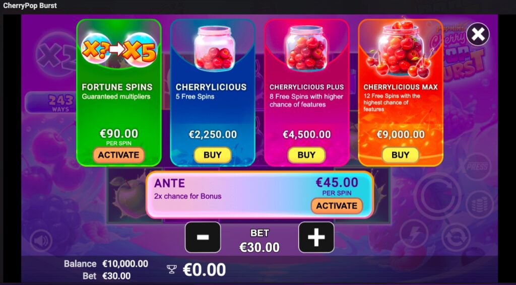 CherryPop Burst buy feature options 
