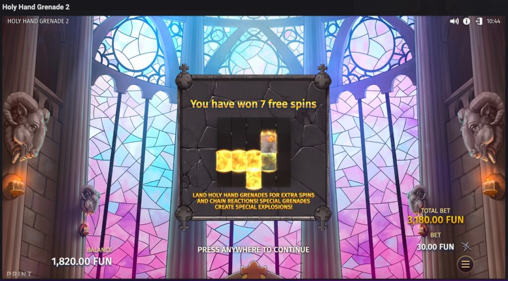 Holy Hand Grenade 2 free spins won