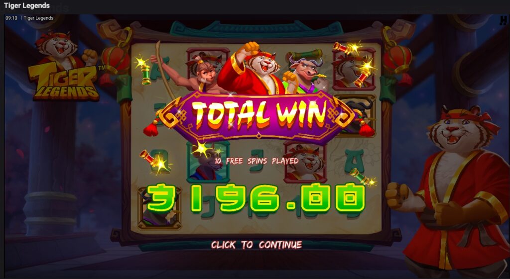 Tiger Legends total winnings from free spins