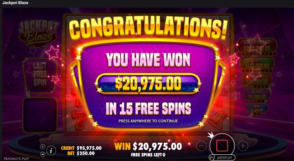 Jackpot Blaze total winnings from free spins