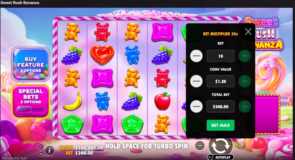 Sweet Rush Bonanza stake options