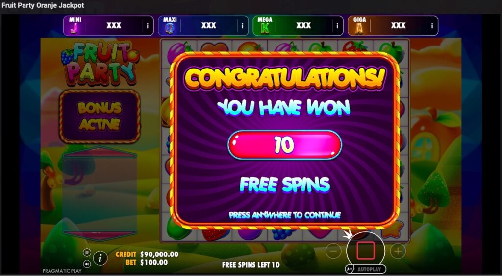 Fruity Party Oranje Jackpot free spins won