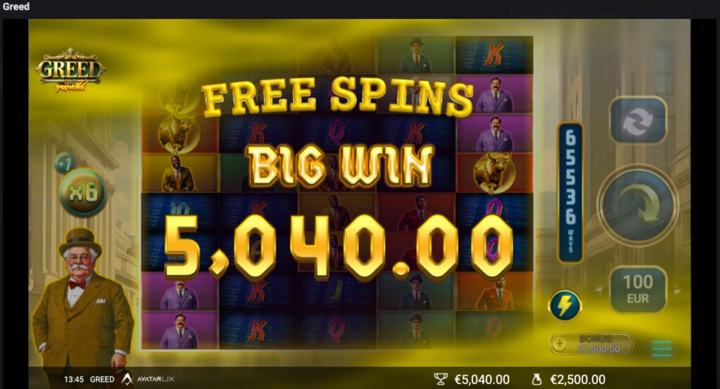 Greed winnings from free spins