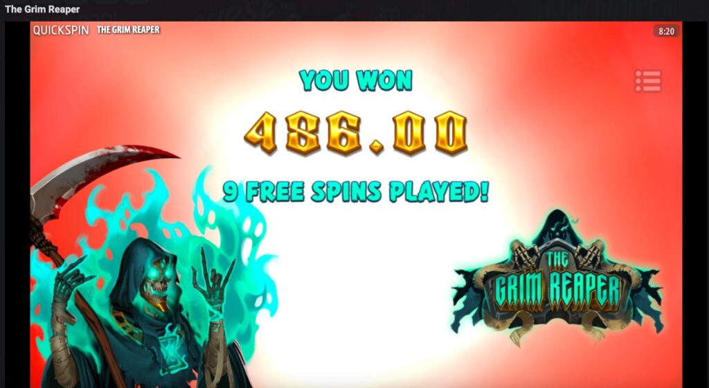 The Grim Reaper total winnings from free spins