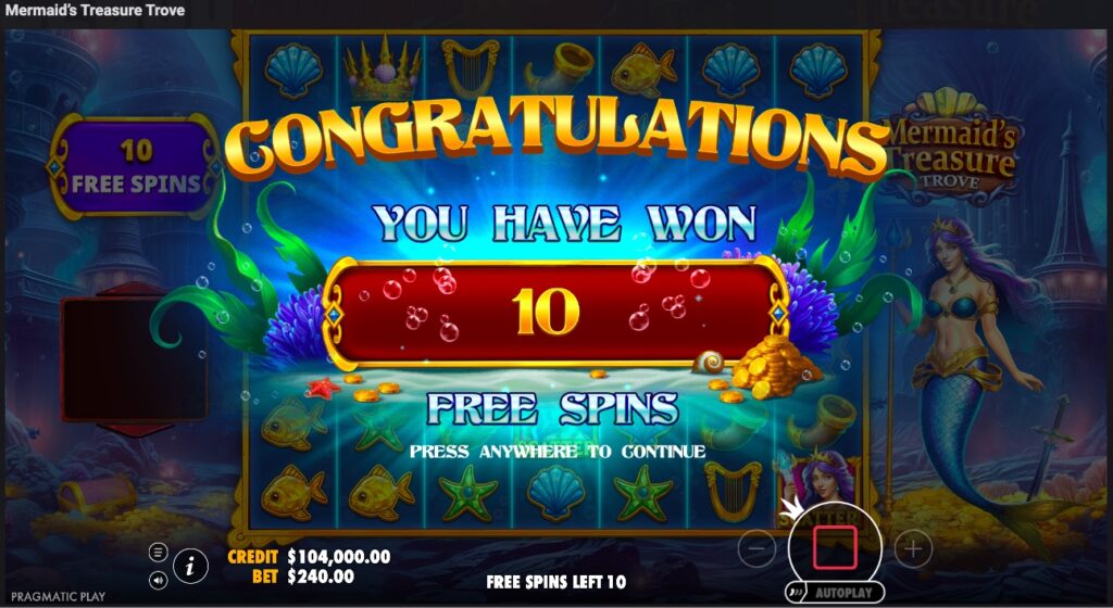 Mermaid’s Treasure Trove free spins won