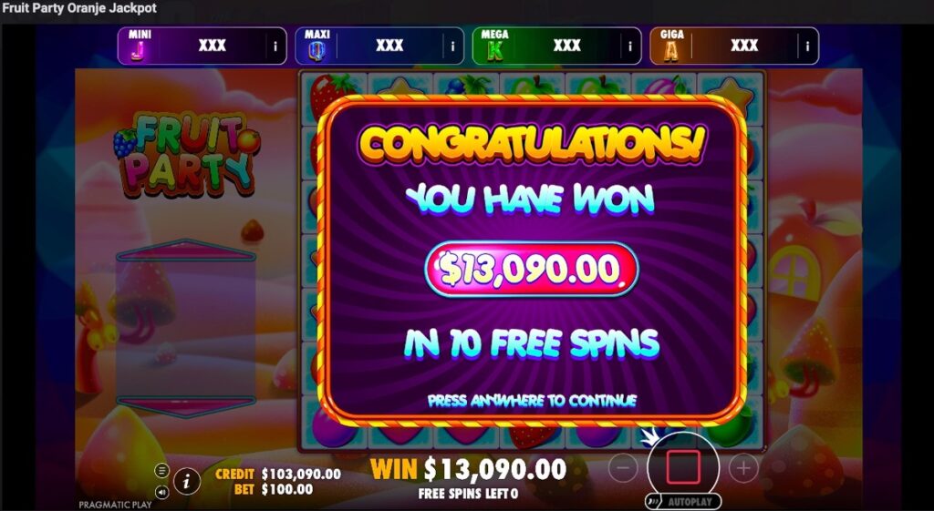 Fruity Party Oranje Jackpot total winnings from free spins