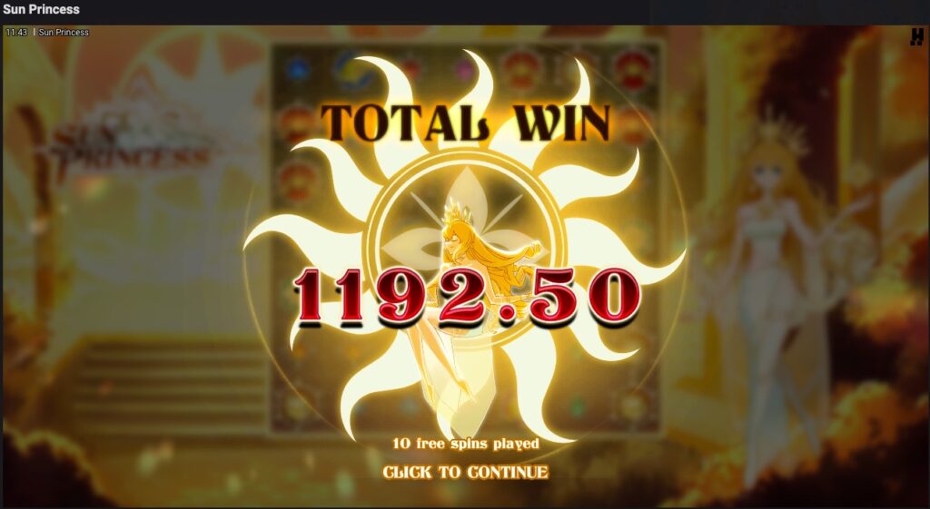 Sun Princess total winnings from free spins