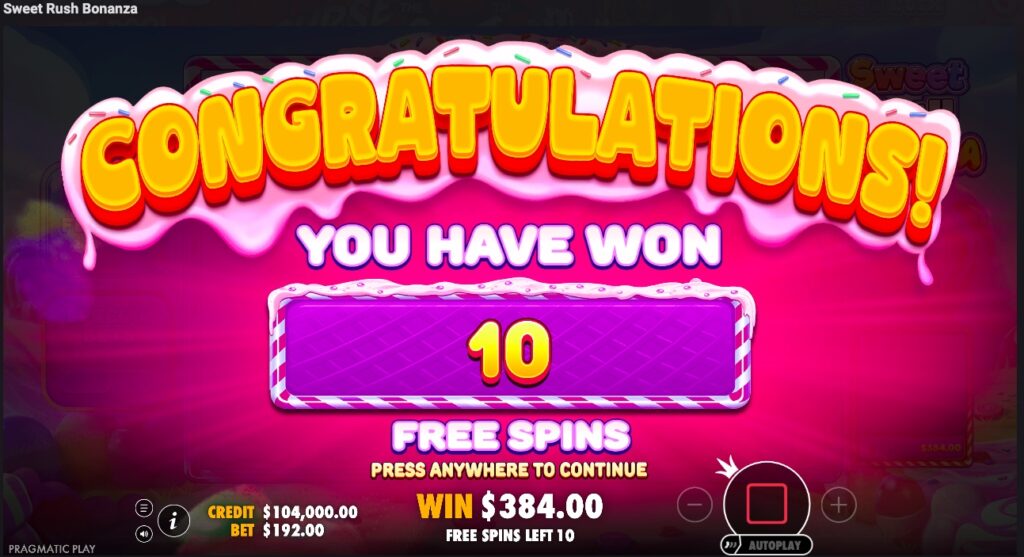Sweet Rush Bonanza free spins won