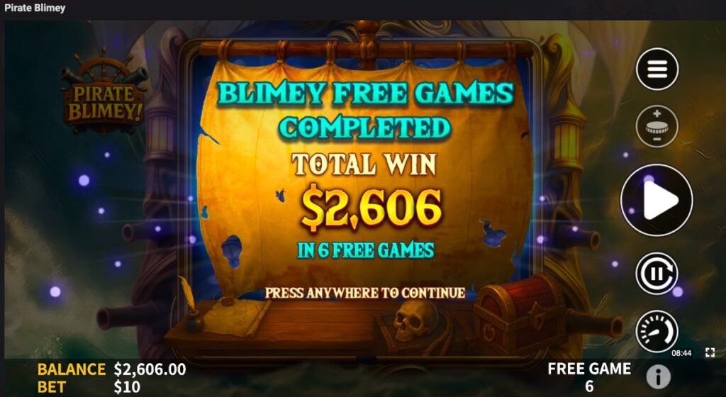 Pirate Blimey total winnings from free spins