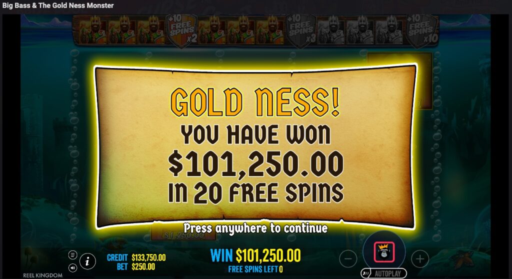 Big Bass & The Gold Ness Monster total winnings from free spins
