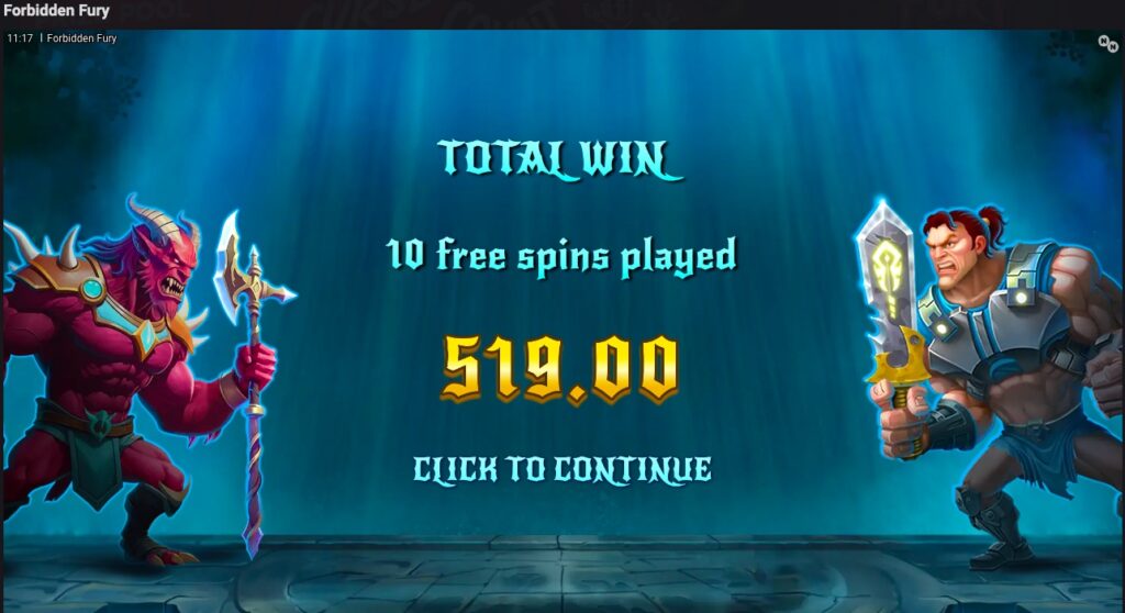 Forbidden Fury Slot total winnings from free spins