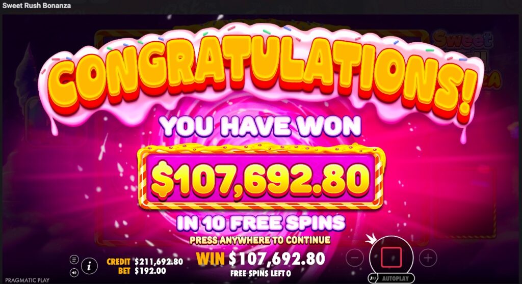 Sweet Rush Bonanza total winnings from free spins