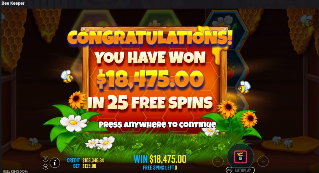 Bee Keeper total winnings from free spins 