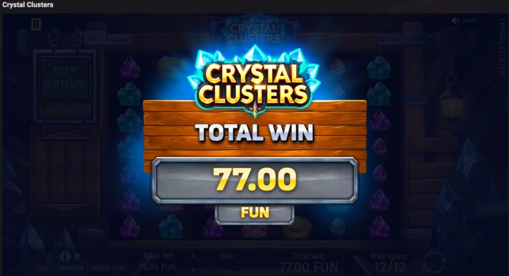 Crystal Clusters total winnings from free spins 