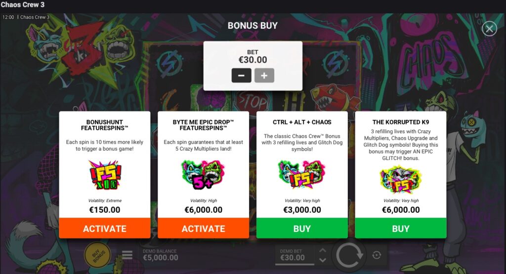 Chaos Crew 3 buy feature stake options