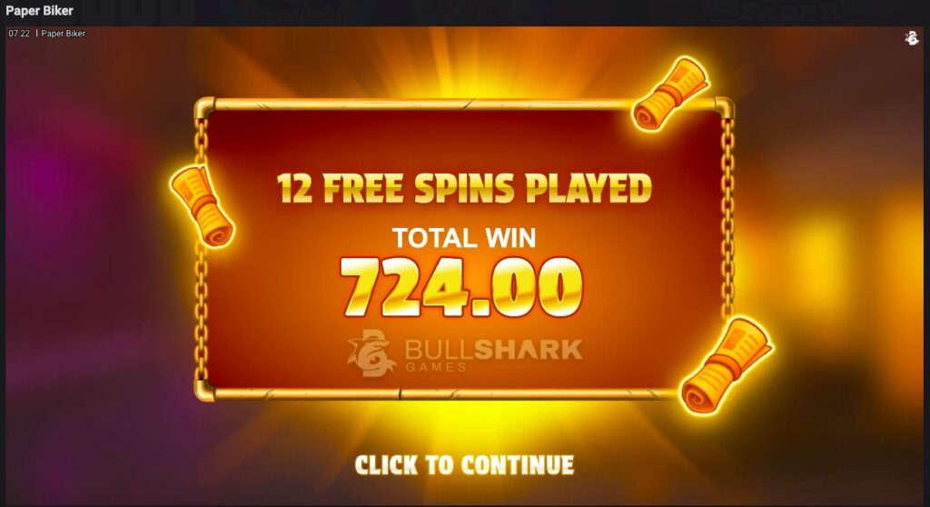 Paper Biker total winnings from free spins 