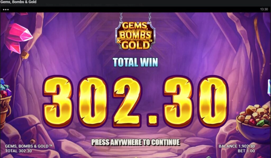 Gems, Bombs & Gold total winnings