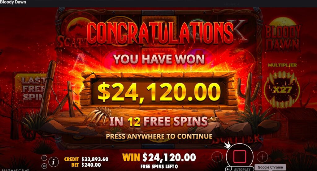 Bloody Dawn total winnings from free spins 