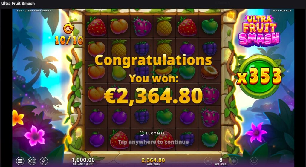Ultra Fruit Smash total winnings from free spins 