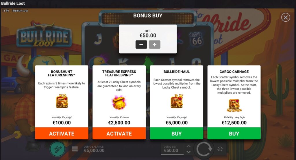 Bullride Loot buy feature stake options