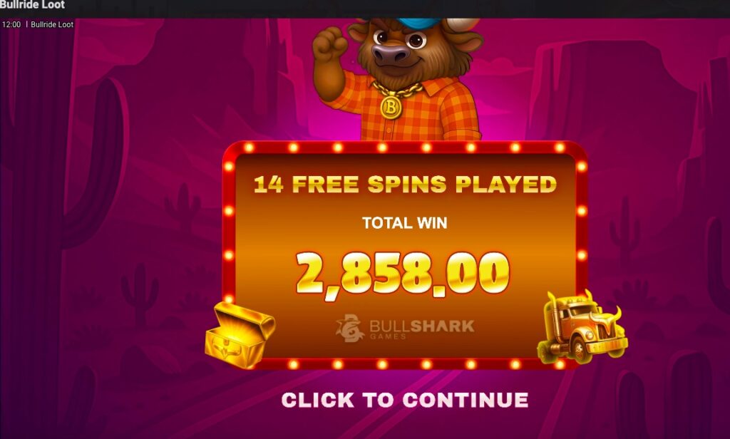 Bullride Loot total winnings from free spins